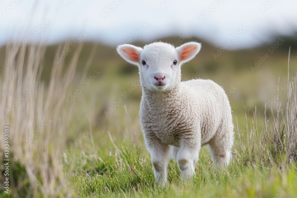 Lamb standing in a short grass patch with a soft white background on a sunny day Lamb standing in a short grass patch with a soft white background on a sunny day
