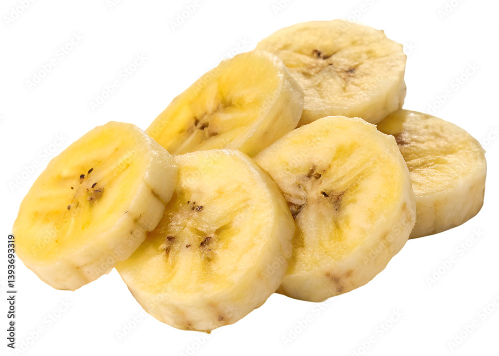 Banana slices isolated on a transparent background.
Banana slices isolated on a transparent background.