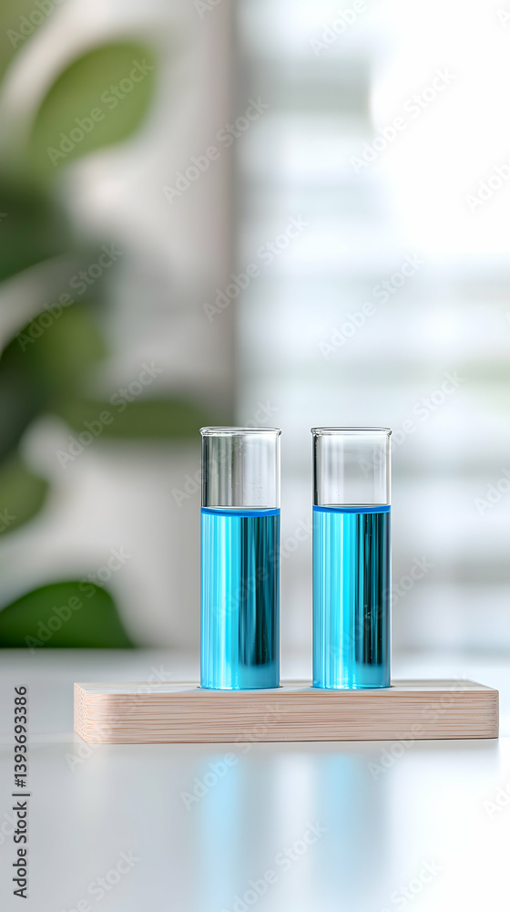 Two Test Tubes with Bright Blue Liquid on Wooden Stand Two Test Tubes with Bright Blue Liquid on Wooden Stand