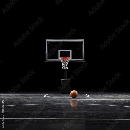 Basketball on Court with Hoop and Black Background for Training