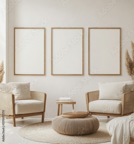 Cozy, minimalist living room with three framed art displays photo