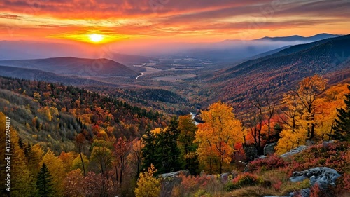 Vibrant autumn colors illuminate a valley under a breathtaking sunset in the mountains
