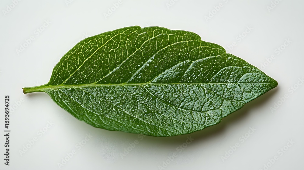 CloseUp Of Green Leaf Texture With Veins and Water Droplets On White Background CloseUp Of Green Leaf Texture With Veins and Water Droplets On White Background
