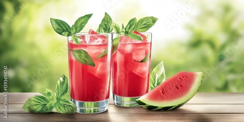Wallpaper Mural Refreshing Watermelon Juice with Basil and Ice on a Wooden Table Torontodigital.ca