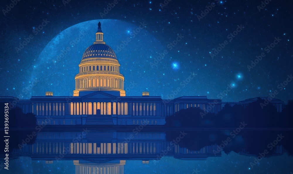 Obraz premium Neoclassical Capitol Building Illustration with Starry Sky and Blue Minimalist Design