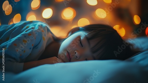 Asian little girl sleeping in bed. lying asleep in bedroom by night. Horizontal photo (16:9)
