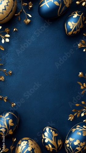Elegant Easter Eggs with Golden Ornaments on Dark Blue Background