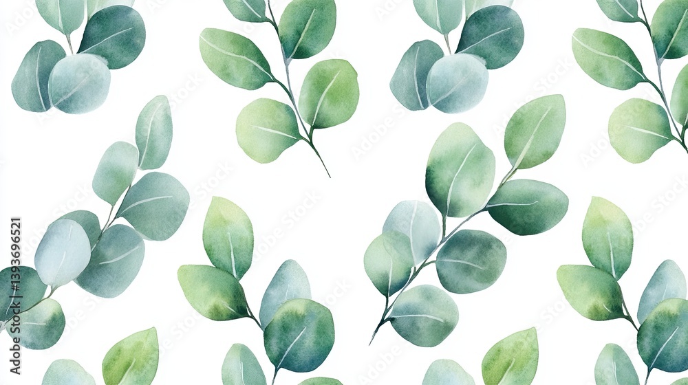 Obraz premium Elegant eucalyptus foliage arrangement in soft, watercolor green tones pattern
