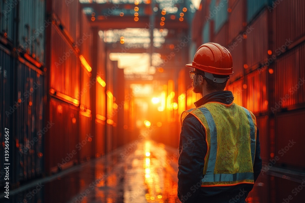 Worker Inspecting Shipping Containers in Industrial Yard Worker Inspecting Shipping Containers in Industrial Yard