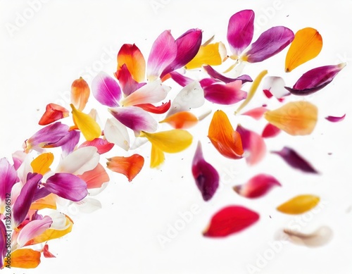 Colorful tulip petals fly in a semicircle, on an isolated white background 