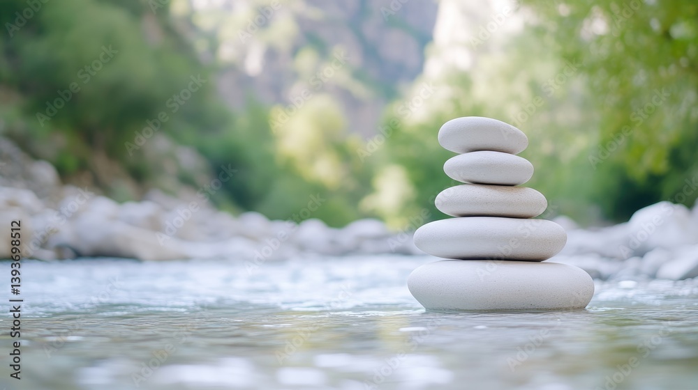 Stones balanced on water, serene mountain backdrop Stones balanced on water, serene mountain backdrop
