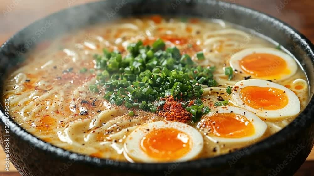 Delicious Spicy Ramen Noodles with Soft Boiled Eggs