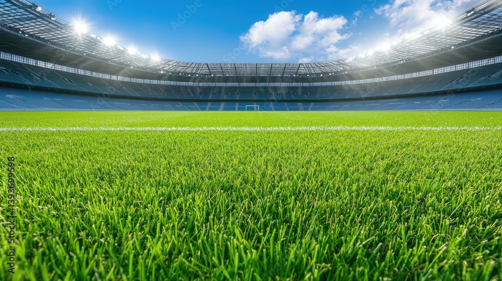 Fototapeta premium Lush green grass field in modern football stadium