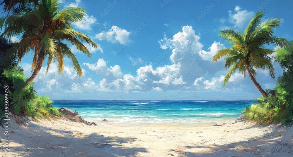 Obraz premium Tropical Beach Landscape with Palm Trees and Ocean View under Blue Sky and Sunshine
