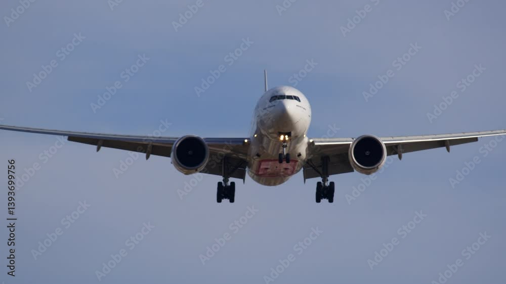 Passenger airplane extending landing gear and approaching runway, growing larger in sequential frames showing gradual descent and precise airport approach Passenger airplane extending landing gear and approaching runway, growing larger in sequential frames showing gradual descent and precise airport approach