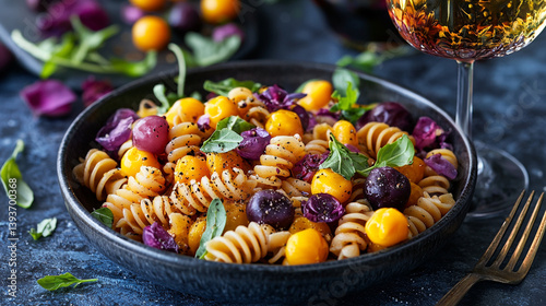 Colorful pasta salad with grape tomatoes and wine, elegant dinner