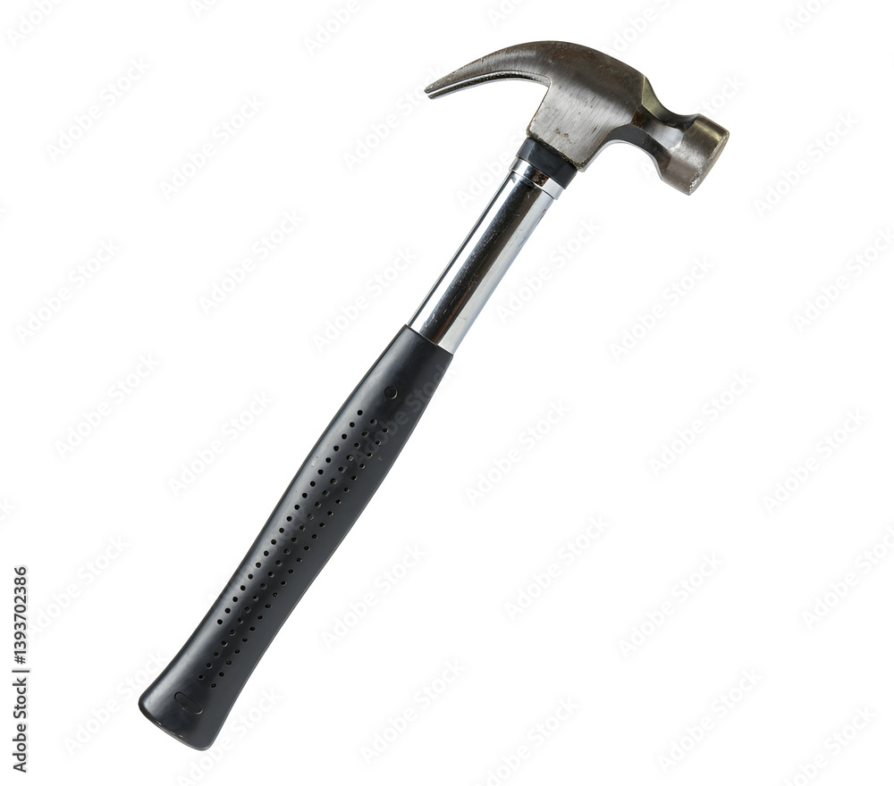A floating claw hammer with a wooden handle, horizontally aligned, on a solid white background A floating claw hammer with a wooden handle, horizontally aligned, on a solid white background