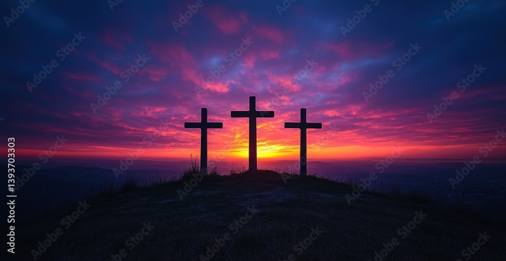 Obraz premium Easter Illustration of Three Crosses on a Hill Against a Twilight Sky