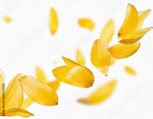 Yellow tulip petals fly in a semicircle, on an isolated white background 