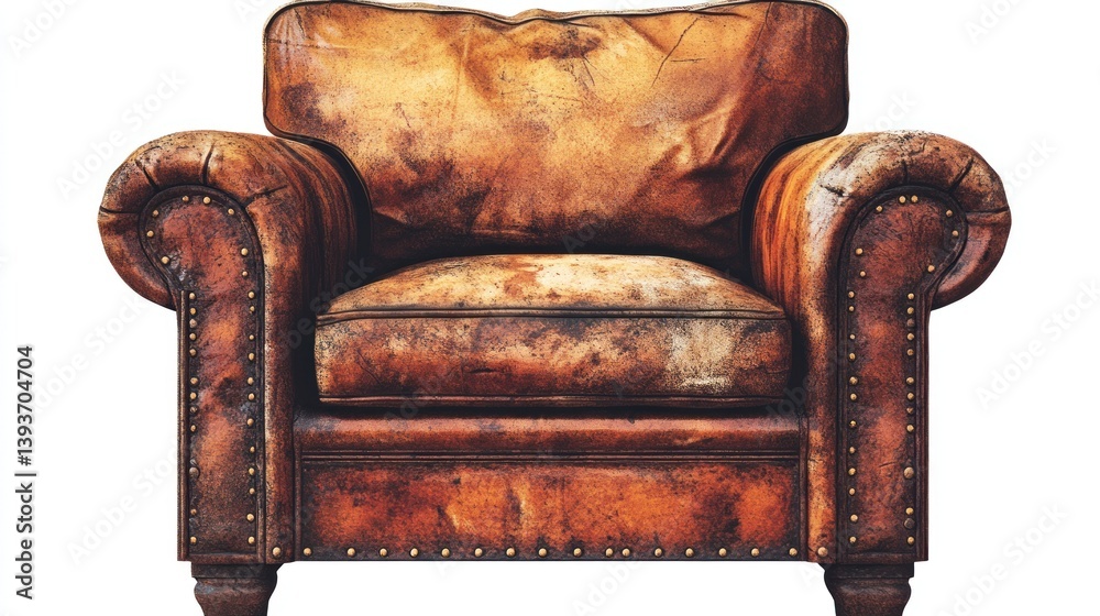 Fototapeta premium Worn leather armchair. Antique, distressed, brown leather, old, damaged, vintage, furniture, armchair, seat, worn, aged, style