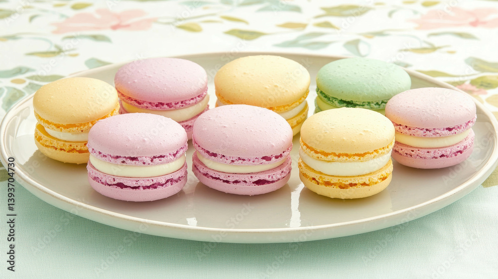 Obraz premium Colorful Macarons on White Plate Surrounded by Floral Tablecloth Patterns