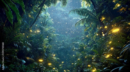 Enchanted Jungle at Night: Fireflies Dance in a Tropical Paradise
