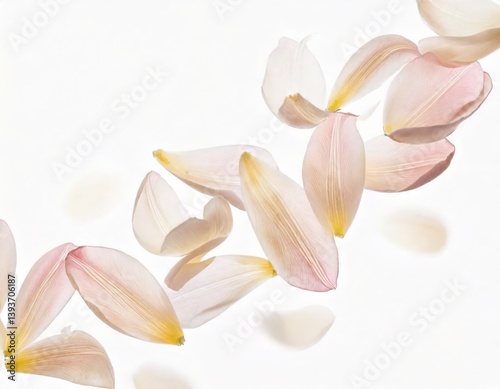 Soft pink tulip petals fly in a semicircle, on an isolated white background 