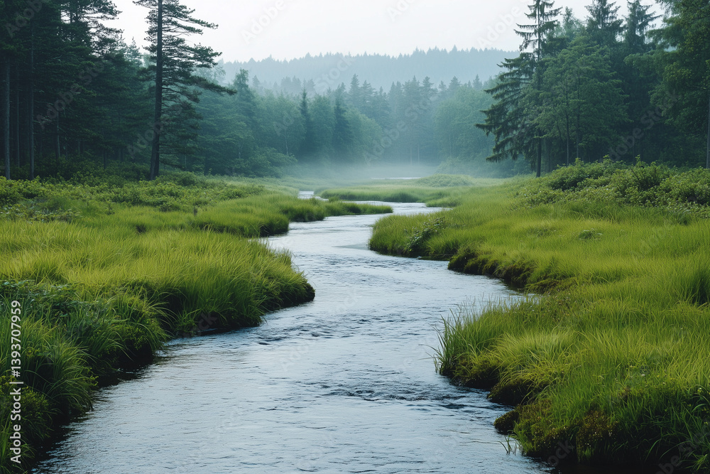 Fototapeta premium Peaceful stream flowing through forest meadow
