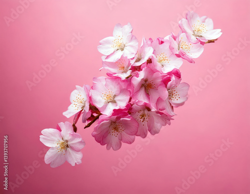 Cherry blossom branch on pink background, a delicate spring aesthetic