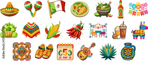 Celebrate Cinco de Mayo with this vibrant collection of Mexican-themed icons! Perfect for festive designs and cultural promotions.