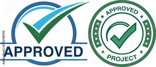 Two set of Project Approved Stamp Badge with Check Mark – Vector Emblem Design