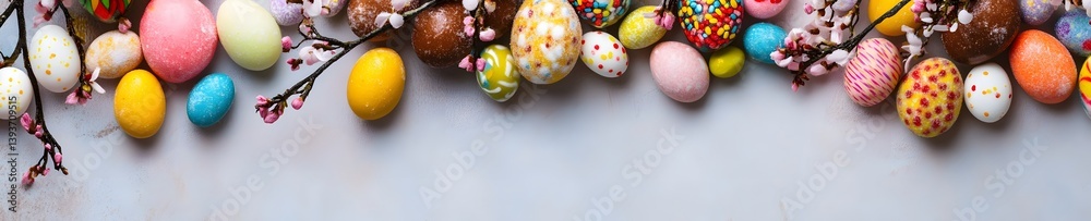 Obraz premium Colorful Easter eggs and candies border