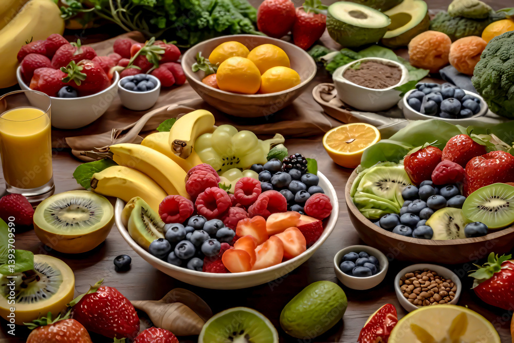 Fresh fruits and vegetables, smoothie bowls, and other elements of healthy food. Fresh fruits and vegetables, smoothie bowls, and other elements of healthy food.