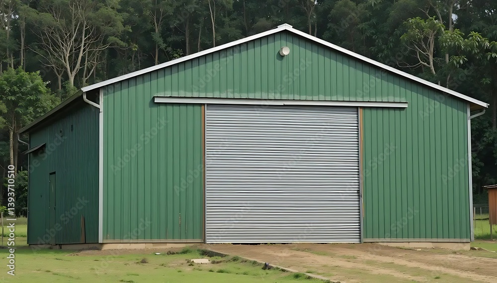 Functional storage shed with corrugated metal cladding on a wooded backdrop Functional storage shed with corrugated metal cladding on a wooded backdrop