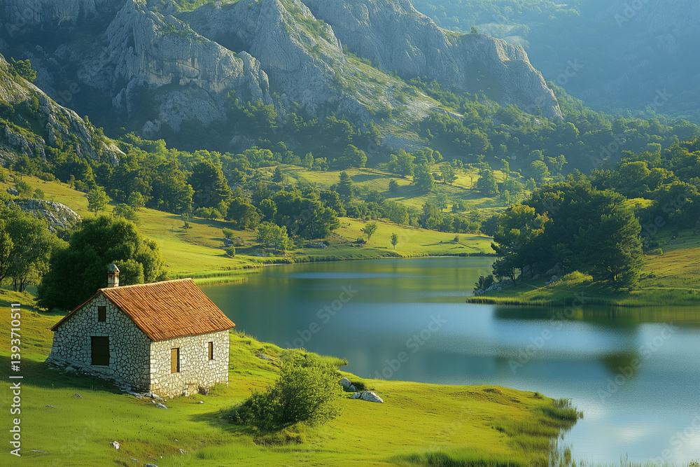 Fototapeta premium Quaint stone house by the serene mountain lake