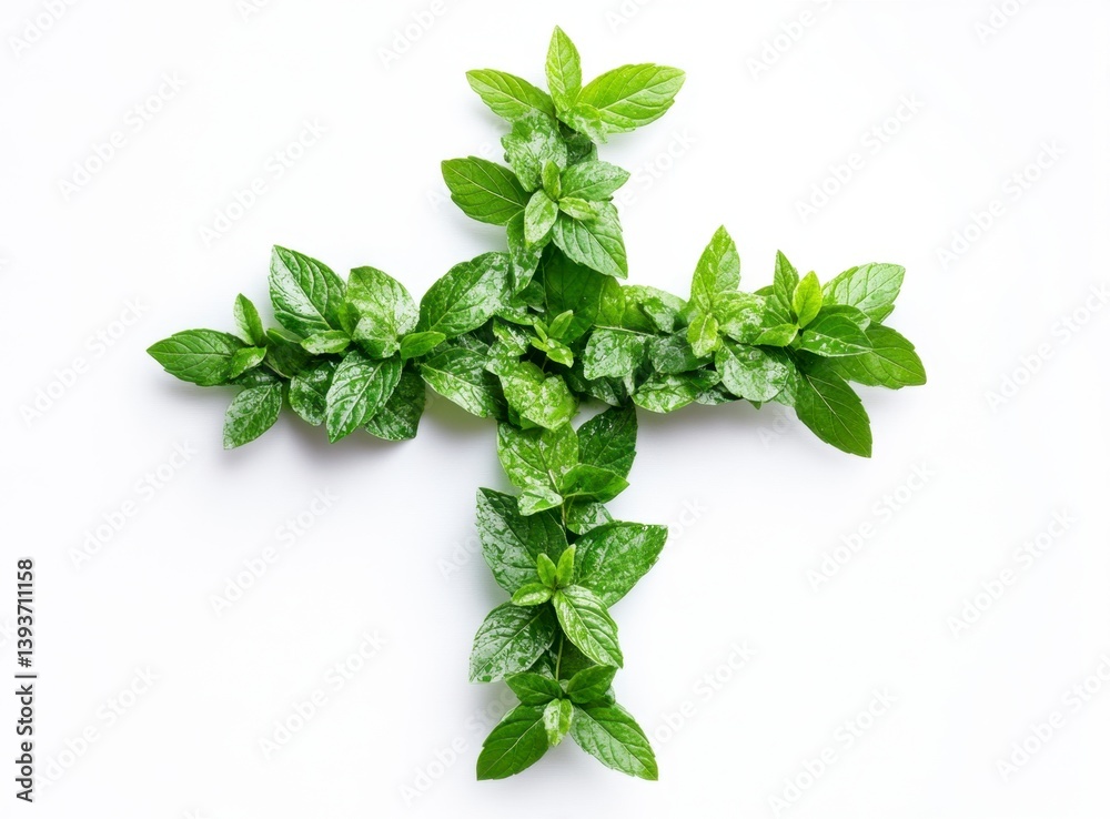 Mint Leaves Forming a Cross Shape Against White Background for Fresh Flavor Mint Leaves Forming a Cross Shape Against White Background for Fresh Flavor