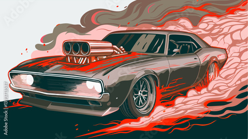 Custom Muscle Car Burning Rubber Illustration