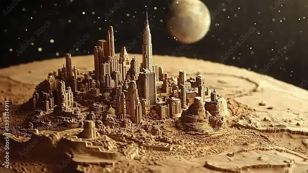 Intricate model of a futuristic cityscape on a planetary surface with a distant moon in the background