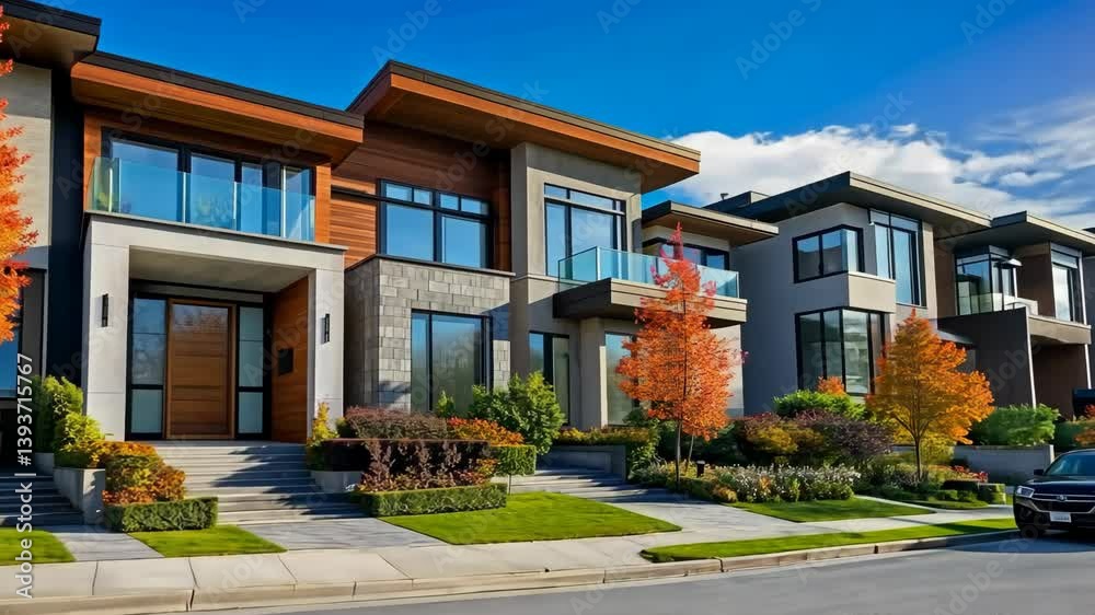 Modern residential architecture showcases stylish homes in a suburban neighborhood with vibrant autumn foliage Modern residential architecture showcases stylish homes in a suburban neighborhood with vibrant autumn foliage