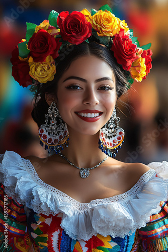 Festive young woman in traditional Mexican dress with floral crown. Perfect for Cinco de Mayo, Dia de los Muertos, cultural celebrations, or heritage projects.