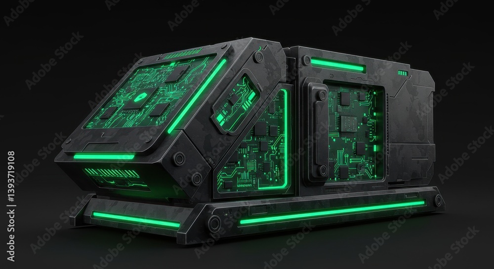 Futuristic Green Neon Tech Device 3D Render Advanced Electronic Gadget Sci-Fi Machine Futuristic Green Neon Tech Device 3D Render Advanced Electronic Gadget Sci-Fi Machine