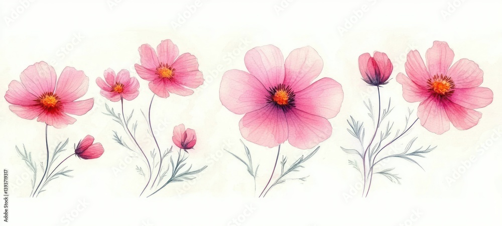 Pink Flower Watercolor Illustration Set Cosmos Botanical Art Floral Nature Pink Flower Watercolor Illustration Set Cosmos Botanical Art Floral Nature