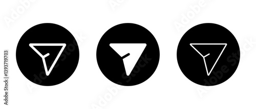 Share arrow icon set on black circle. Send message button sign symbol