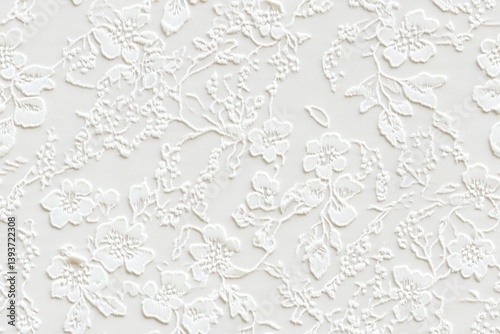 Seamless intricate white floral Cotton lace pattern on a light background, showcasing delicate flowers and leaves in a textured design.