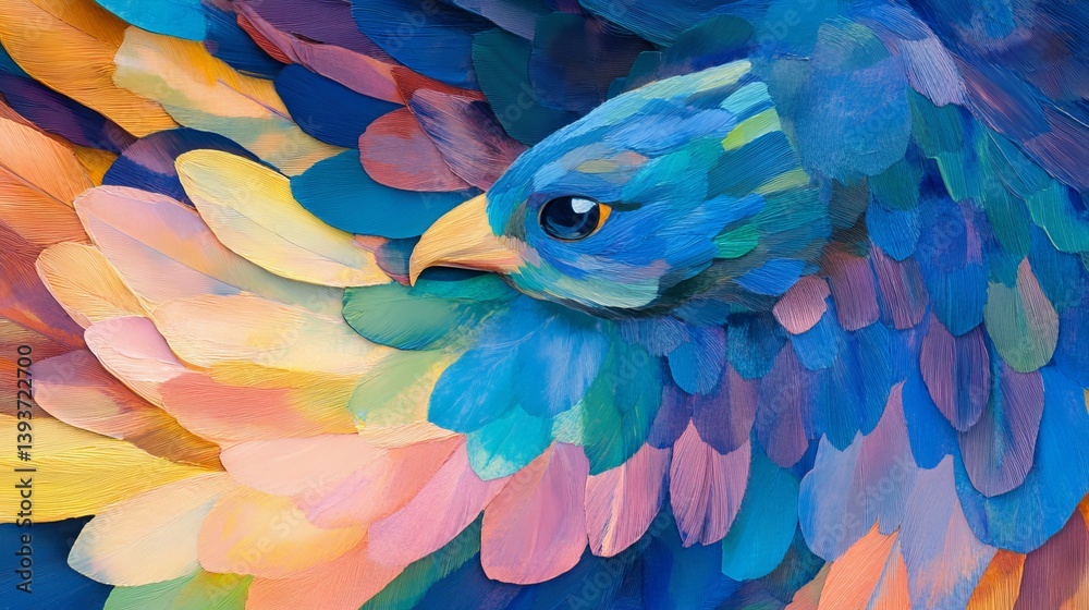 Fototapeta premium Colorful bird detail. Feathers painted in yellow, pink, orange, blues, and purples, focused on face and feathers