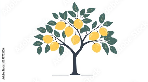 Lemon tree illustration.  A stylized depiction of a lemon tree with ripe lemons and leaves.  Vibrant yellow lemons hang from dark branches amidst lush green foliage.  Simple, clean lines