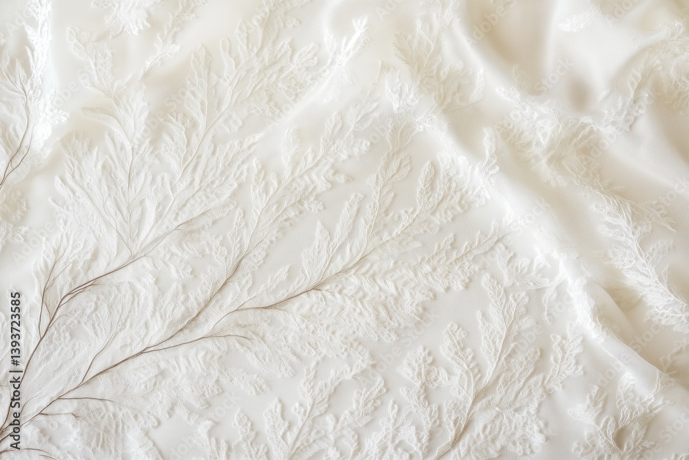 Obraz premium Textured Cypress lace fabric featuring intricate leaf-like patterns in white and beige tones, creating a delicate and elegant appearance.