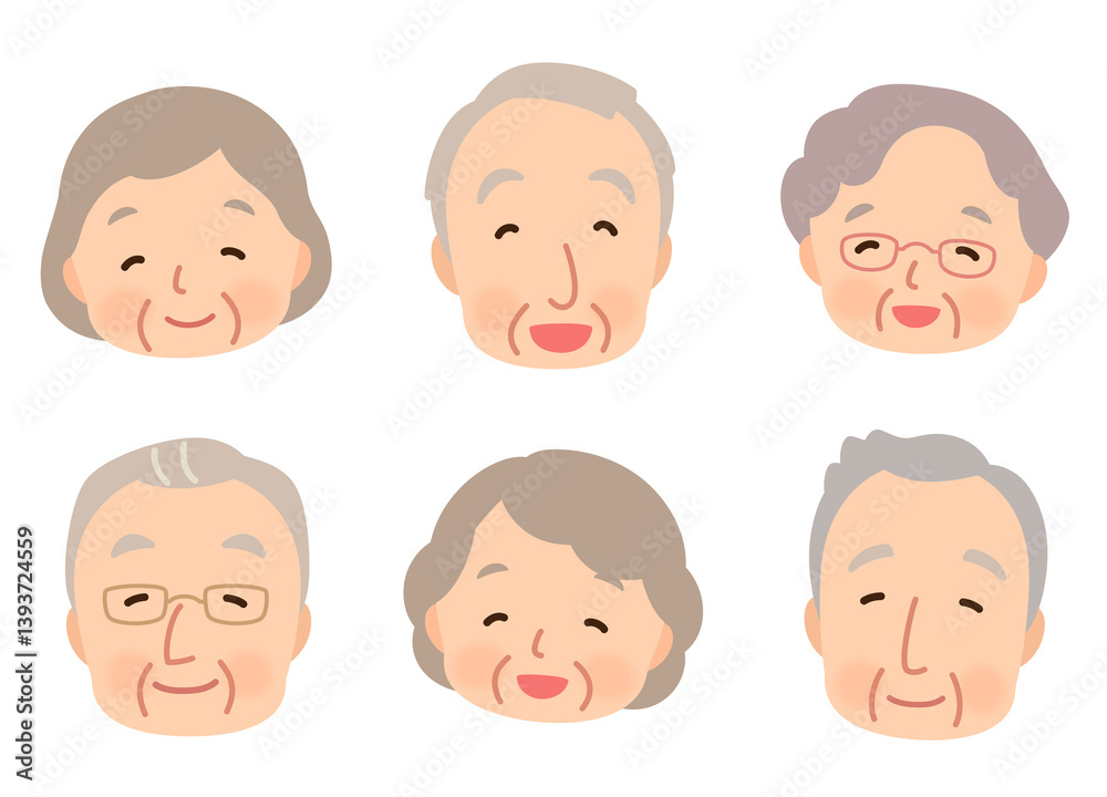 笑顔のシニア男女　高齢者のグループ　顔　アイコン