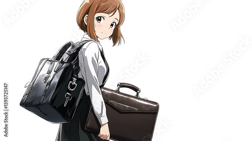 A woman is carrying a black briefcase and a backpack. Generated using AI.