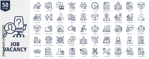 Job Vacancy Icon Set Outline Style with job vacancy, online interview, salary, career choice, selection, full time job, curriculum vitae, company, applicant and referral
